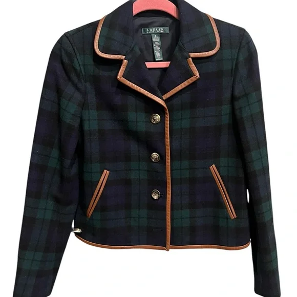 Ralph Lauren Women's Navy Blue, Green Plaid Jacket with brown leather trim acc